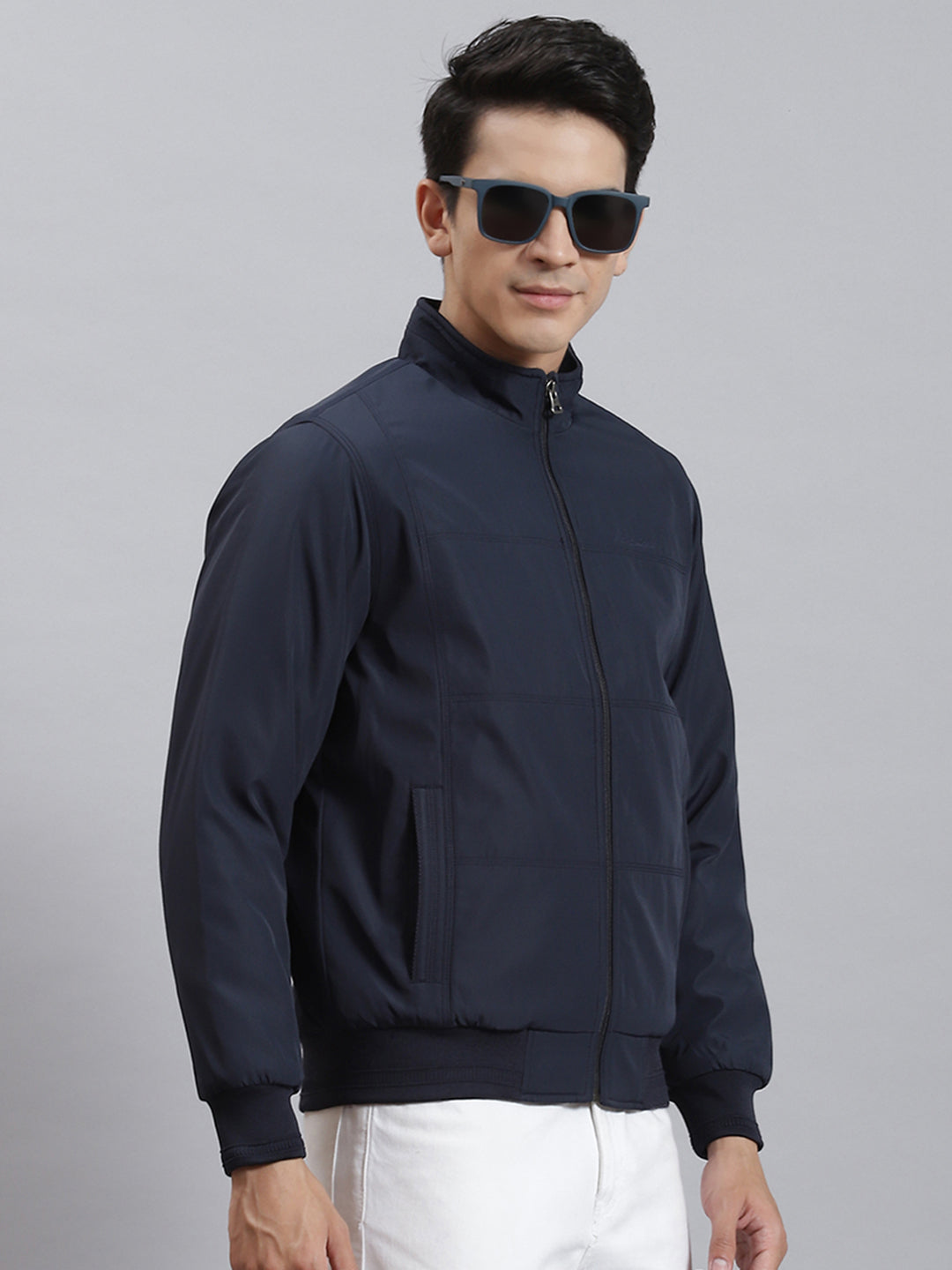 Men Navy Blue Solid Stand Collar Full Sleeve Jackets