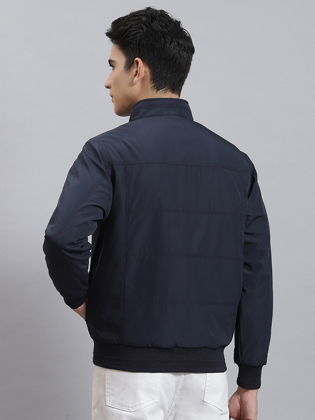 Men Navy Blue Solid Stand Collar Full Sleeve Jackets