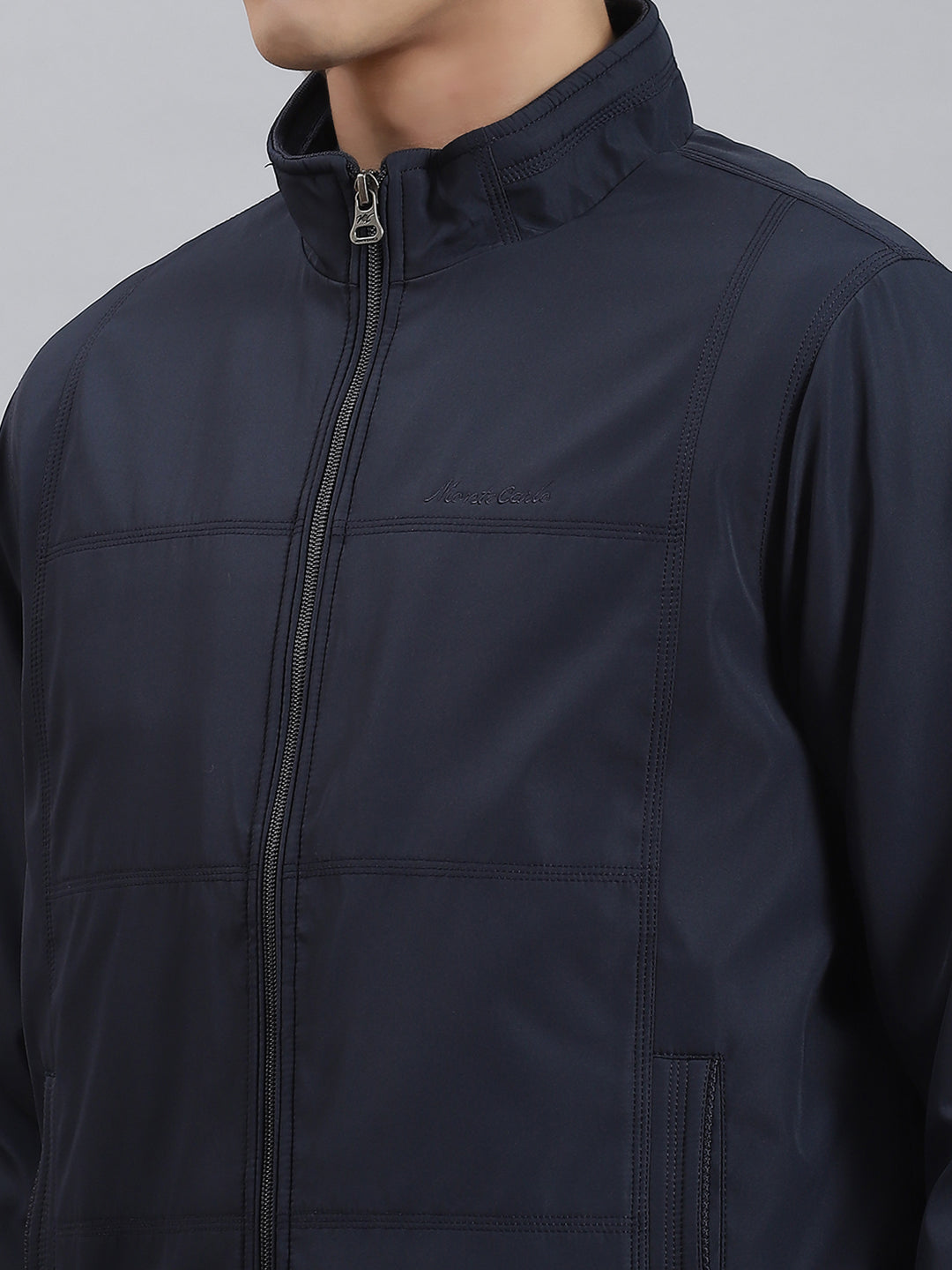 Men Navy Blue Solid Stand Collar Full Sleeve Jackets