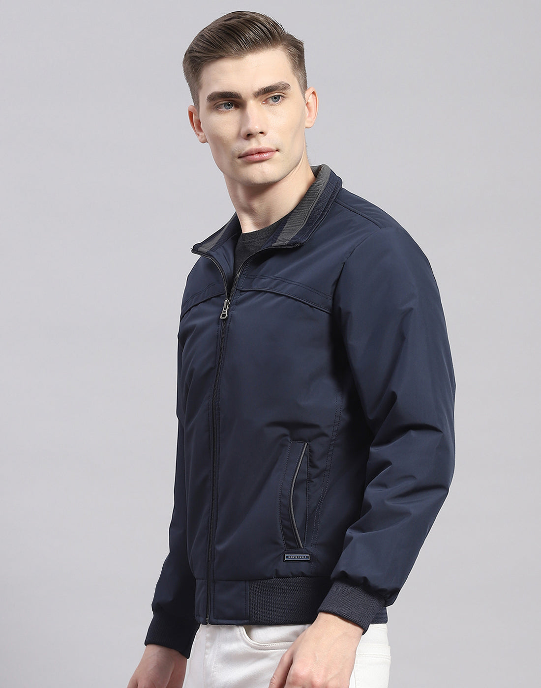 Men Navy Blue Solid Stand Collar Full Sleeve Jacket