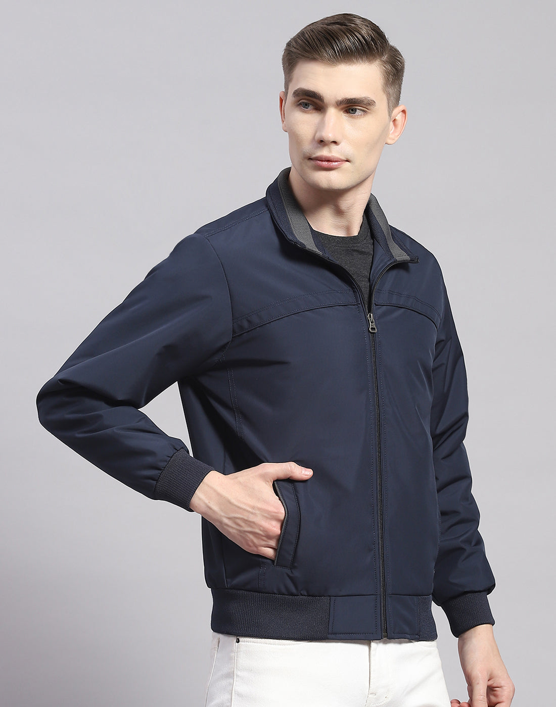 Men Navy Blue Solid Stand Collar Full Sleeve Jacket