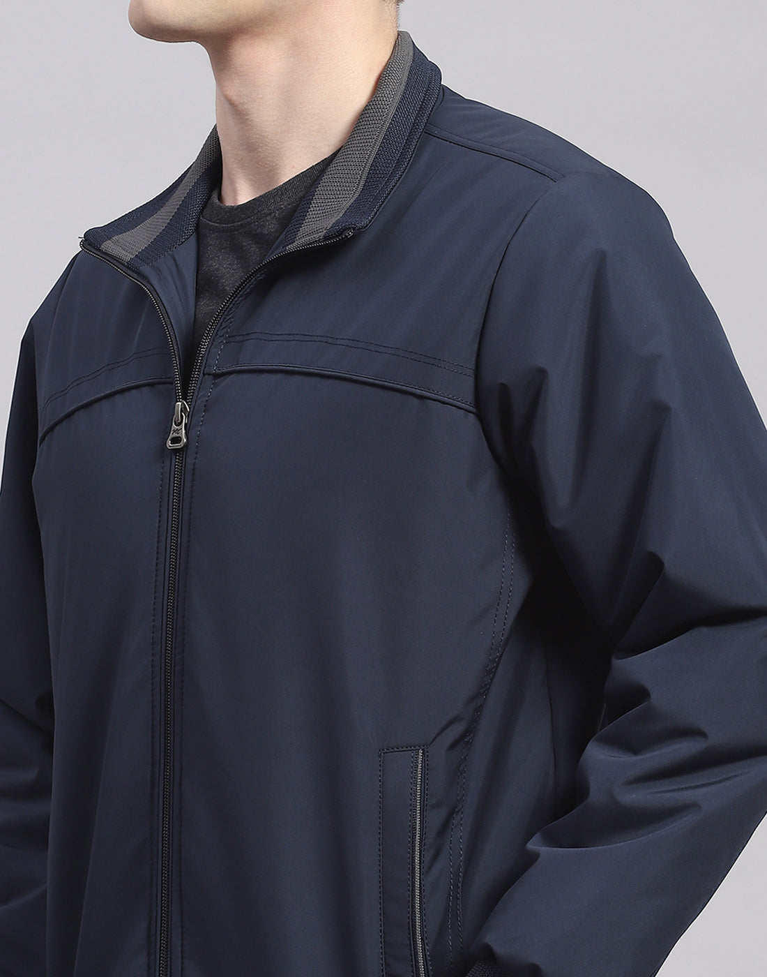 Men Navy Blue Solid Stand Collar Full Sleeve Jacket