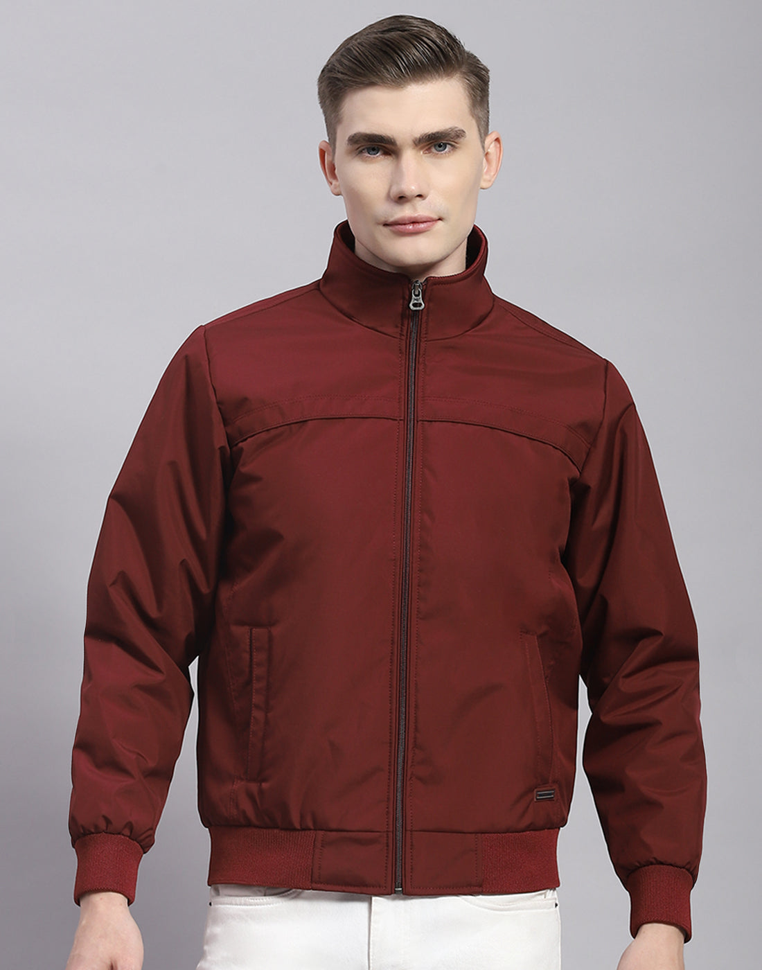 Men Maroon Solid Stand Collar Full Sleeve Jacket