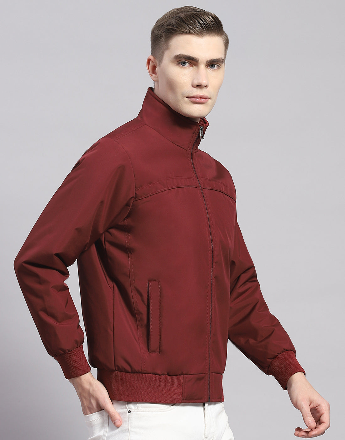 Men Maroon Solid Stand Collar Full Sleeve Jacket