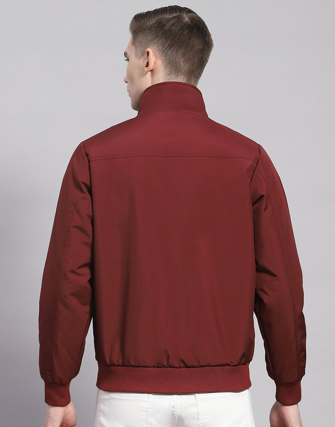 Men Maroon Solid Stand Collar Full Sleeve Jacket