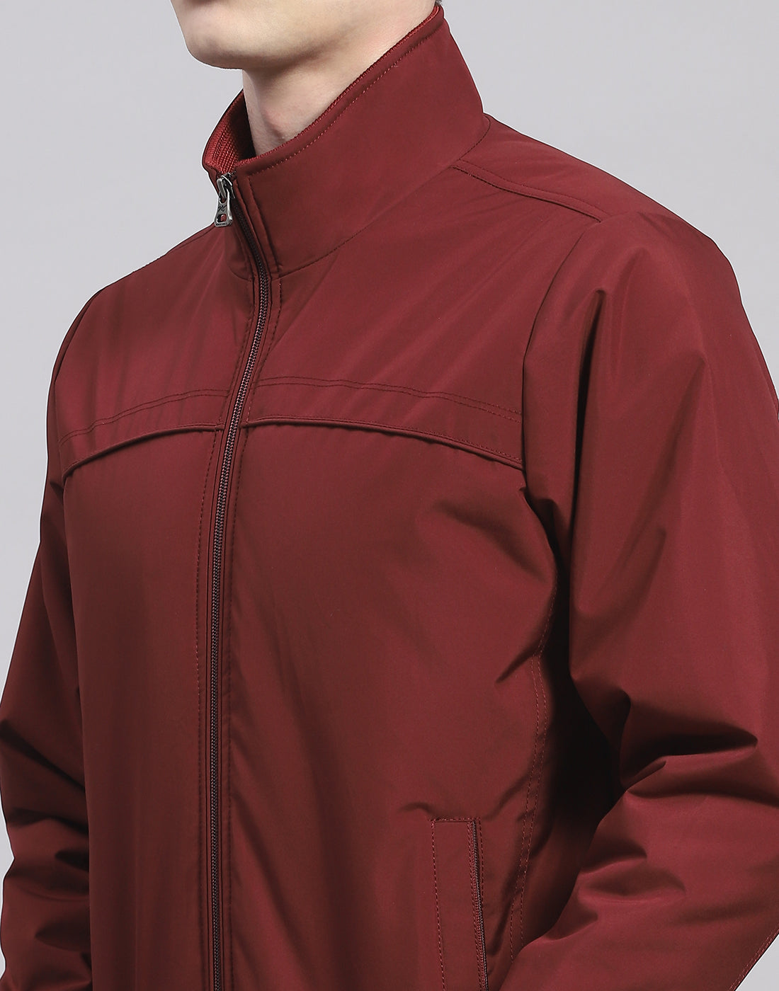 Men Maroon Solid Stand Collar Full Sleeve Jacket