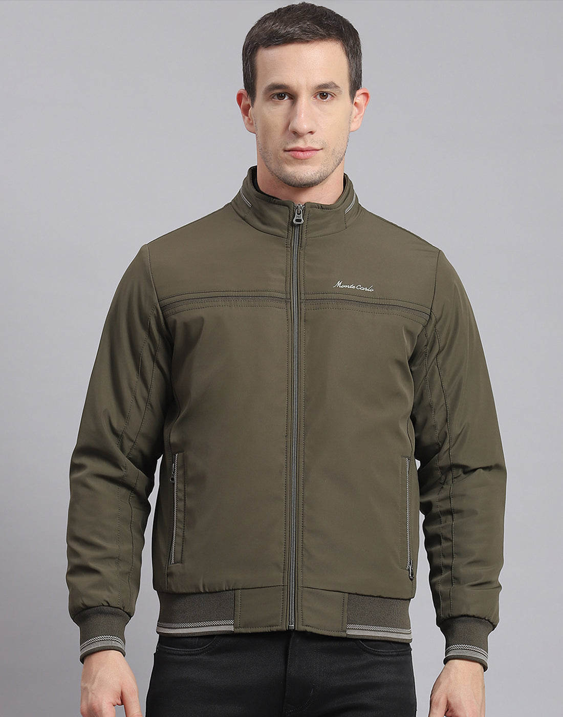 Men Olive Solid Stand Collar Full Sleeve Jacket