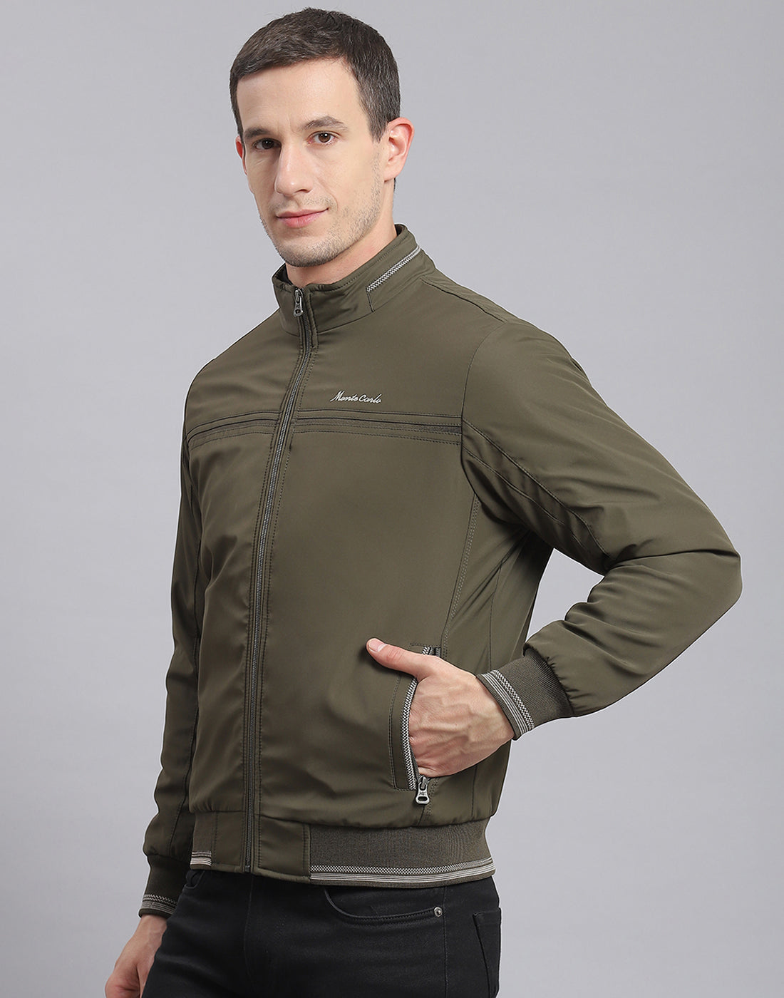 Men Olive Solid Stand Collar Full Sleeve Jacket