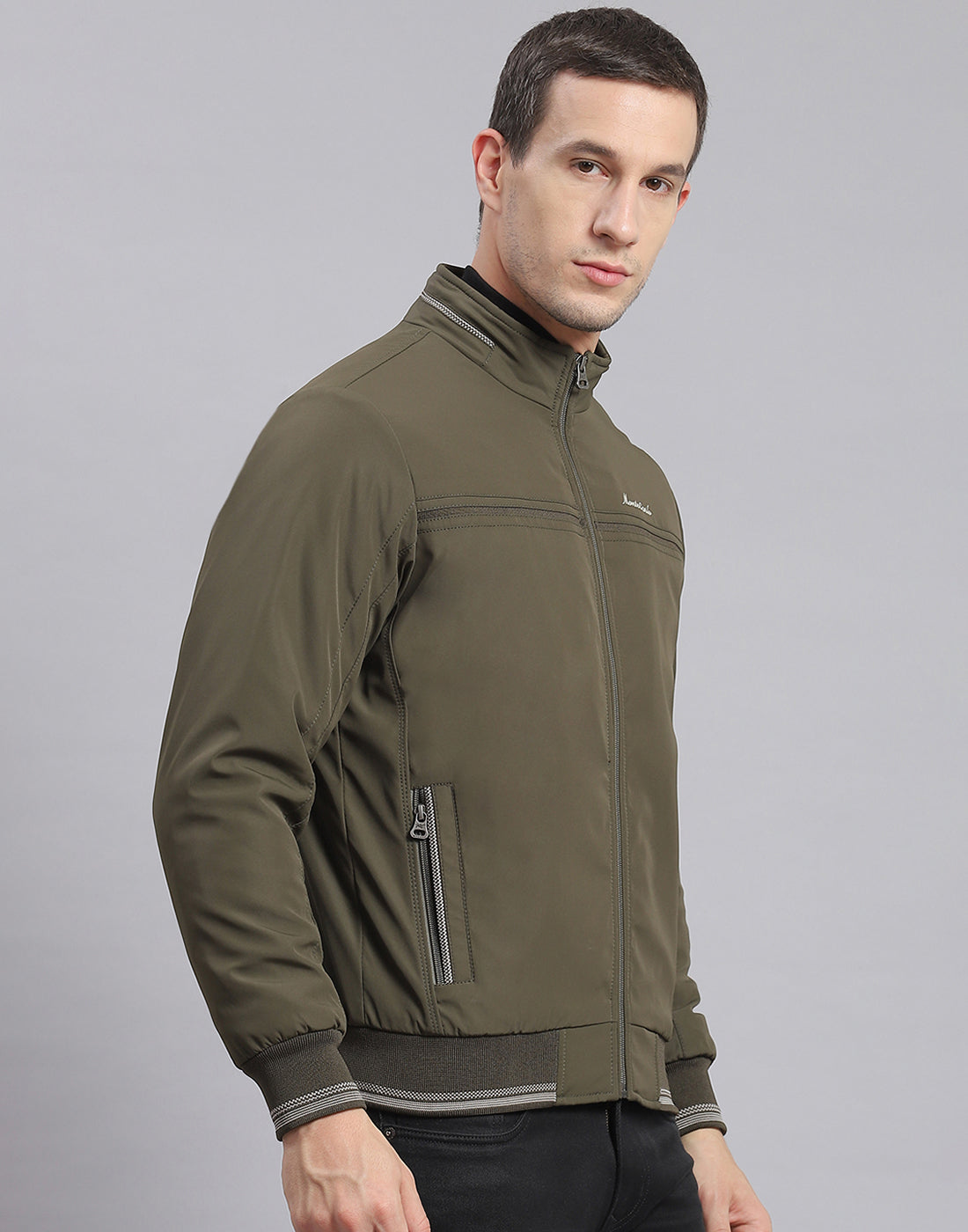 Men Olive Solid Stand Collar Full Sleeve Jacket