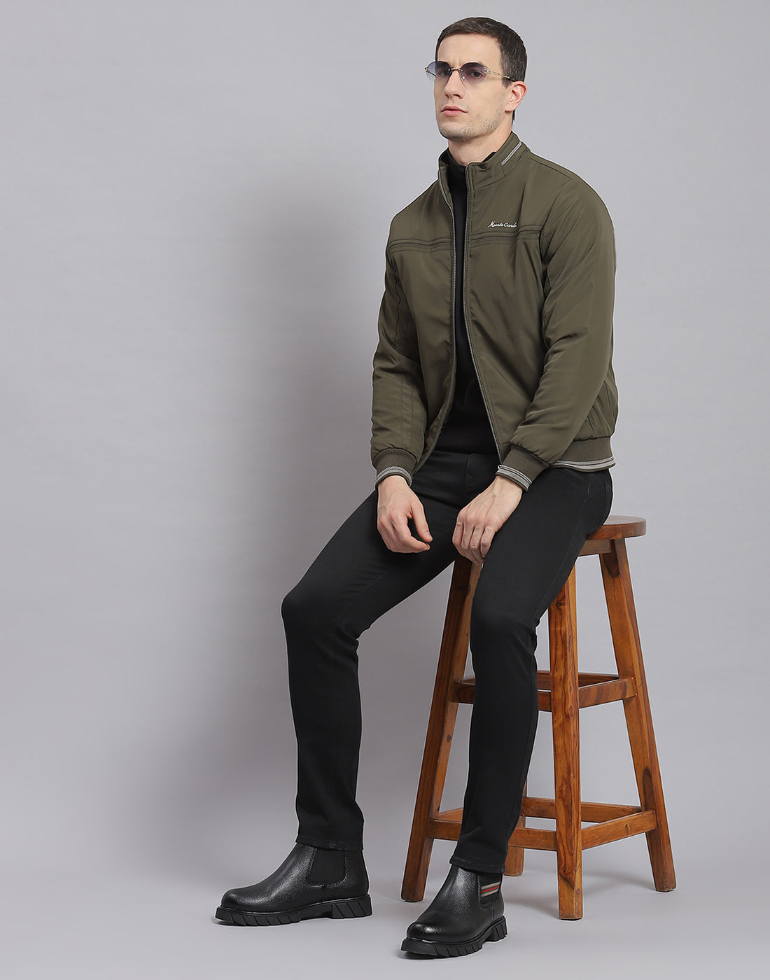 Men Olive Solid Stand Collar Full Sleeve Jacket