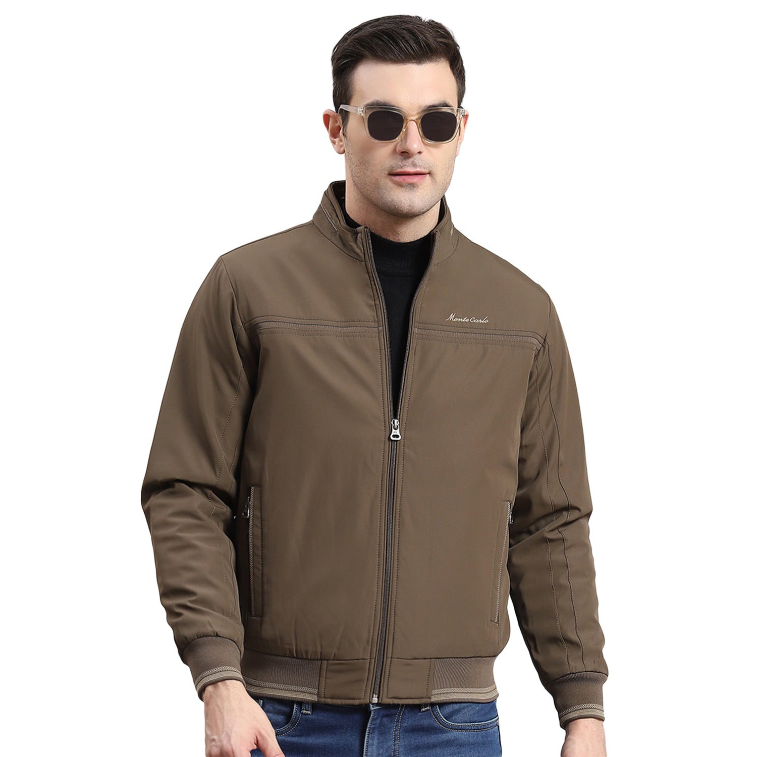 Men Brown Solid Stand Collar Full Sleeve Jacket