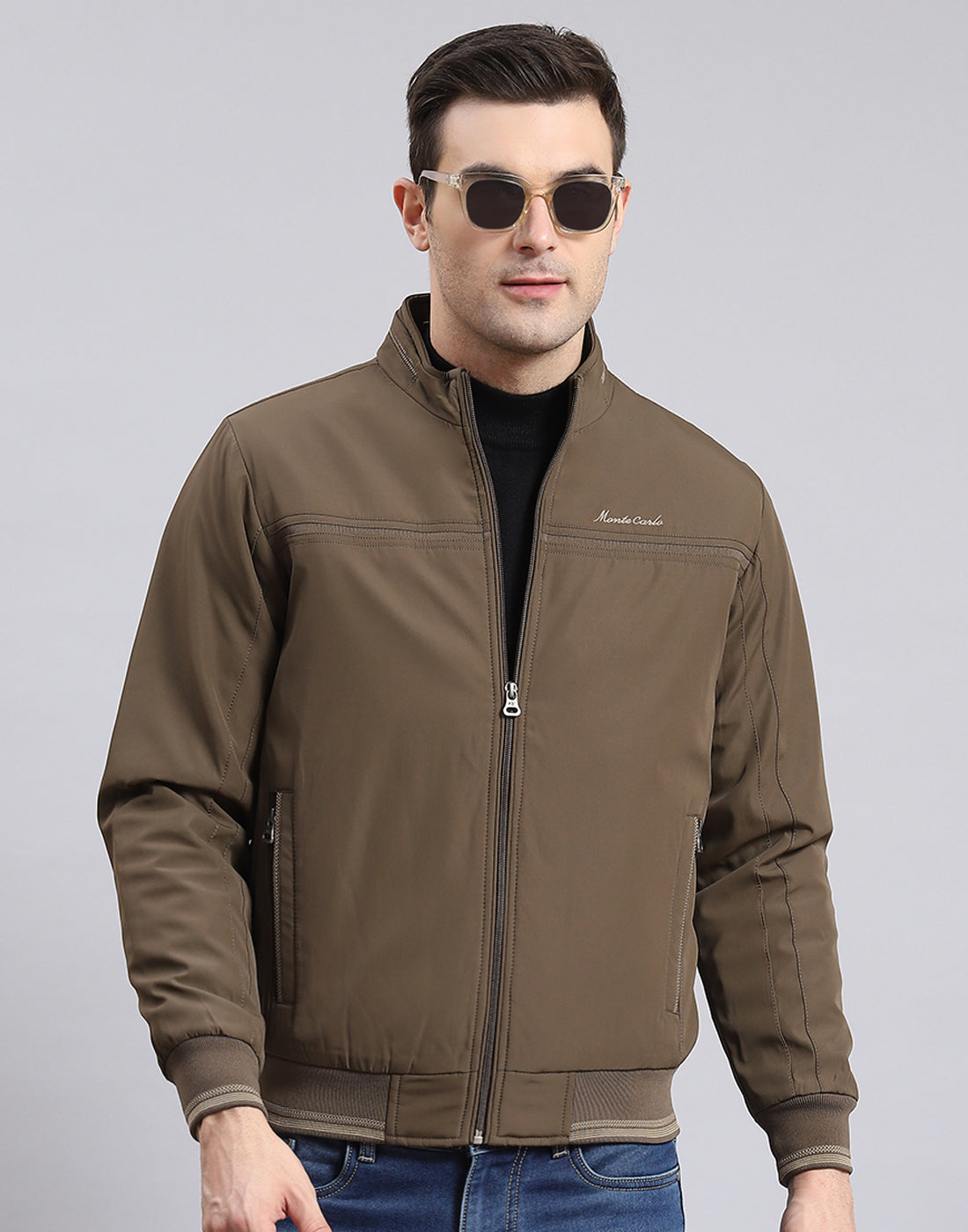 Men Brown Solid Stand Collar Full Sleeve Jacket