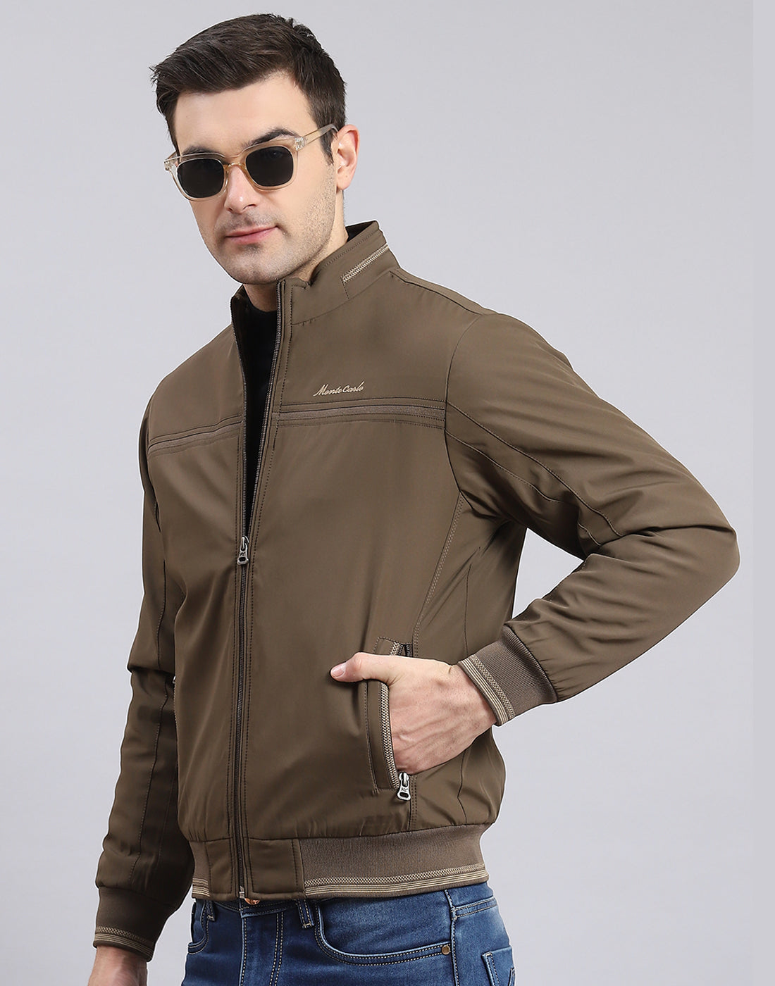 Men Brown Solid Stand Collar Full Sleeve Jacket