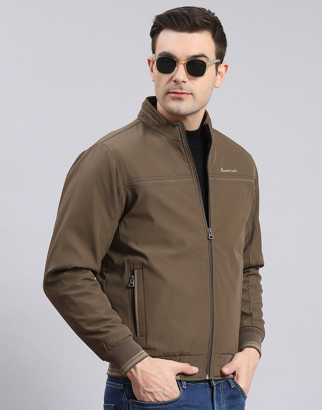 Men Brown Solid Stand Collar Full Sleeve Jacket