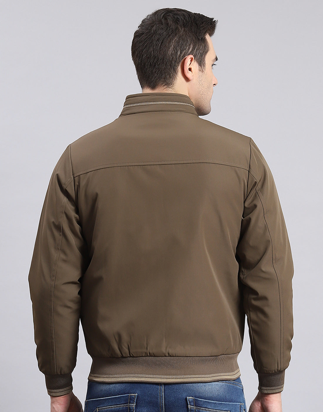 Men Brown Solid Stand Collar Full Sleeve Jacket