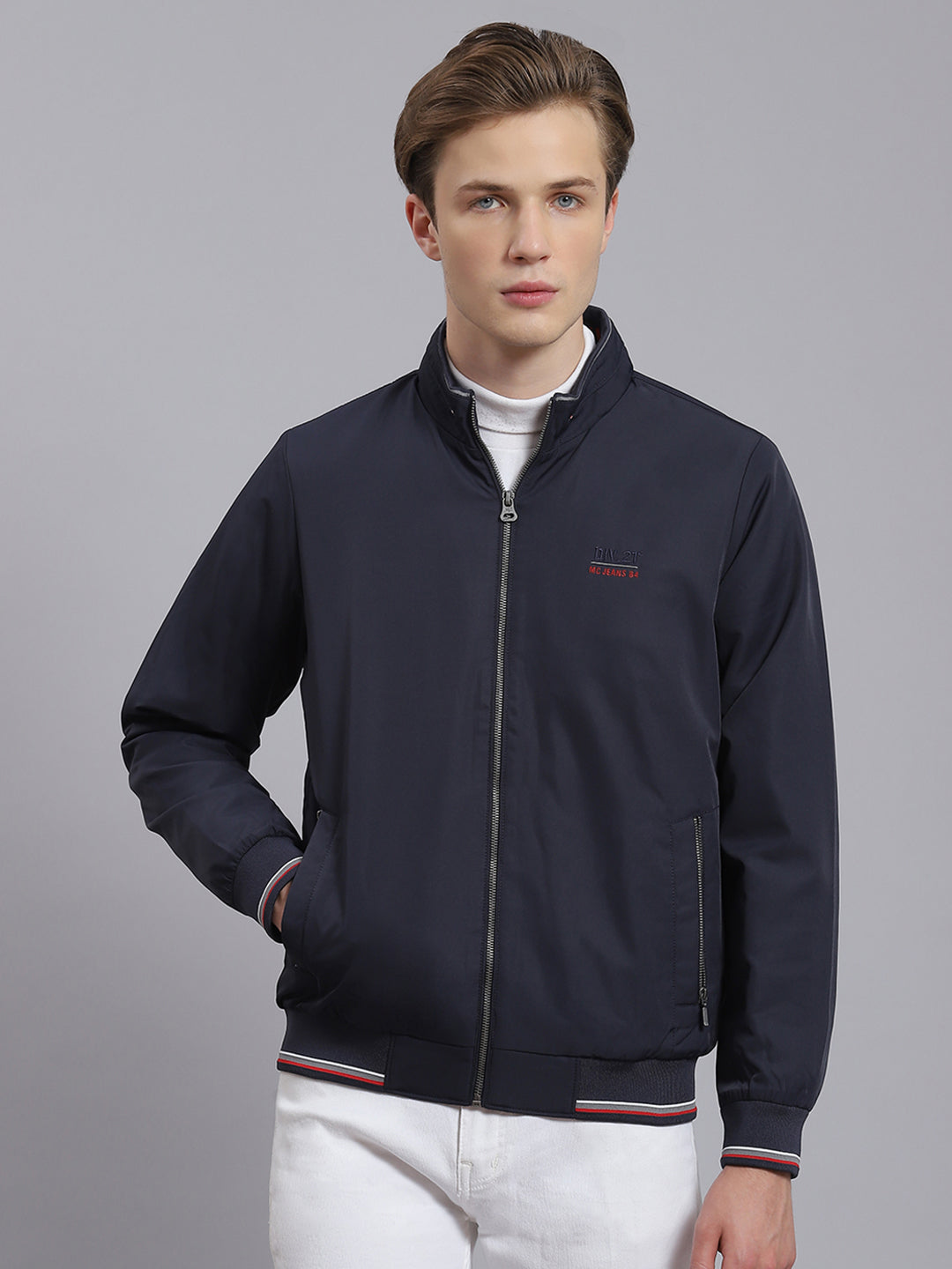 Buy Men Navy Blue Solid Stand Collar Full Sleeve Jacket Online in India ...