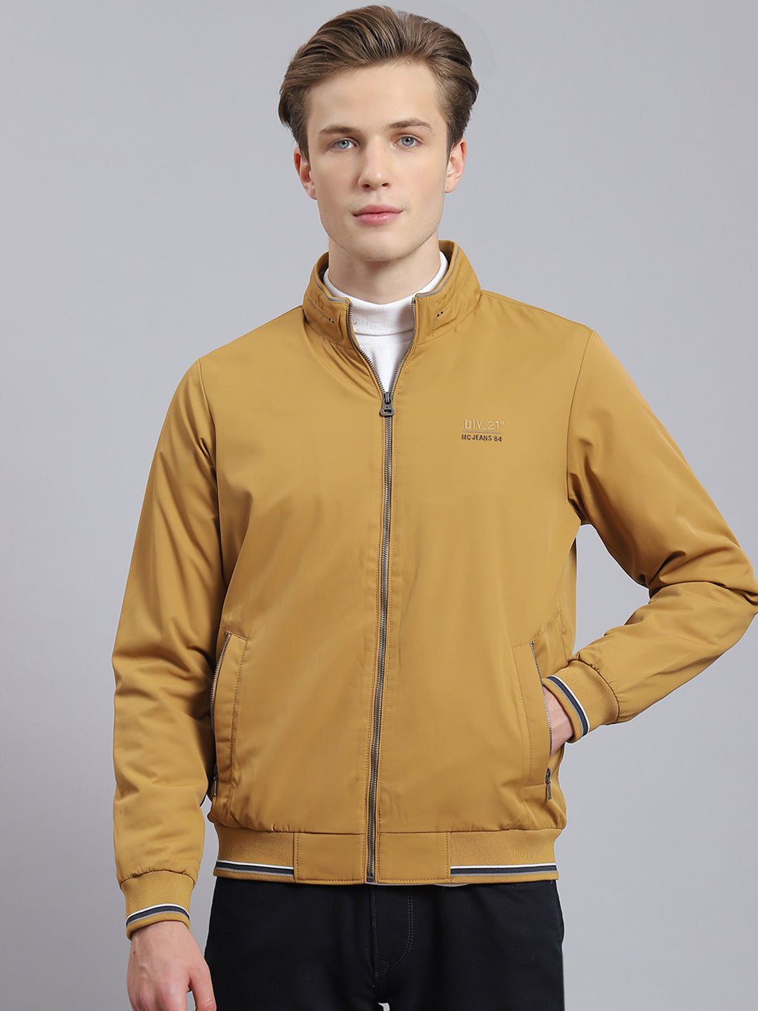 Men Mustard Solid Stand Collar Full Sleeve Jacket