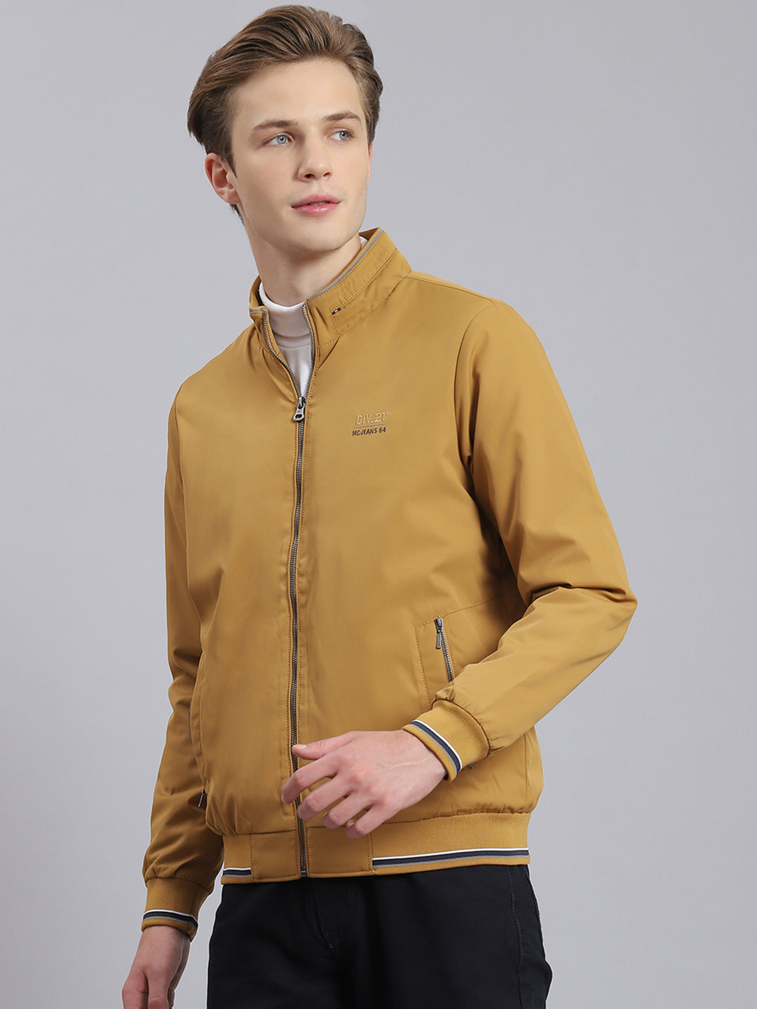 Men Mustard Solid Stand Collar Full Sleeve Jacket