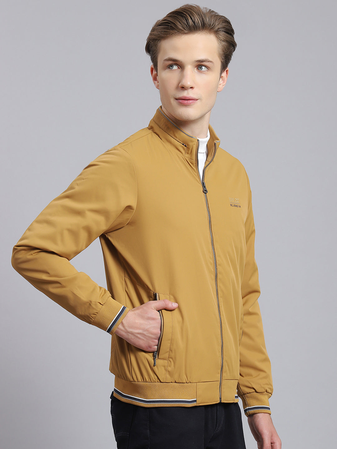 Men Mustard Solid Stand Collar Full Sleeve Jacket