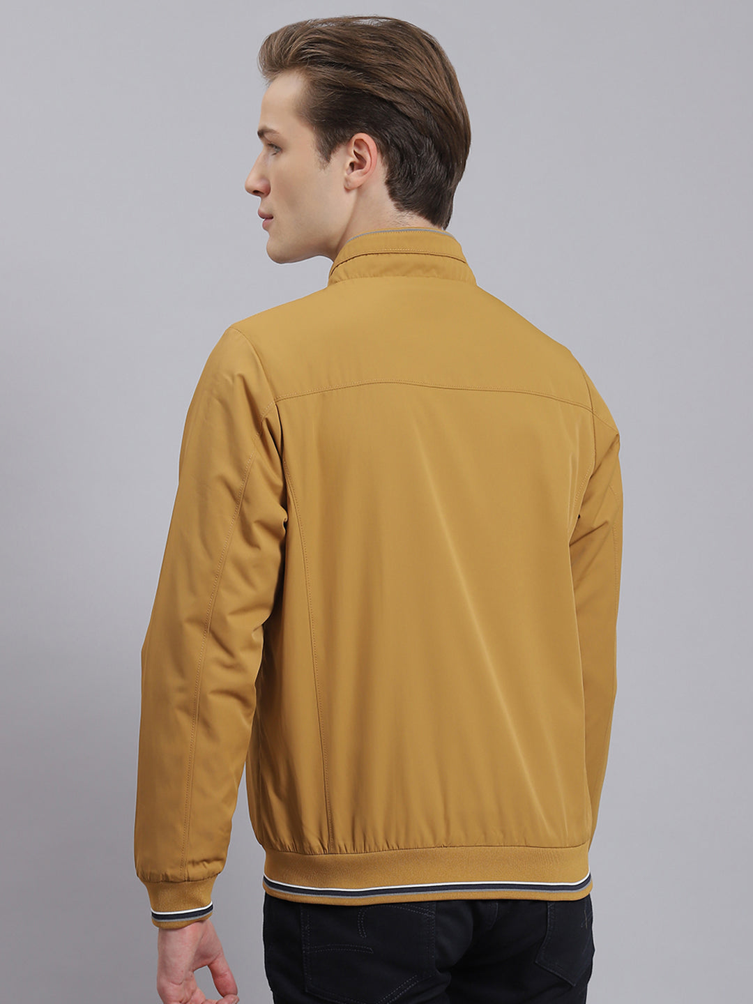 Men Mustard Solid Stand Collar Full Sleeve Jacket