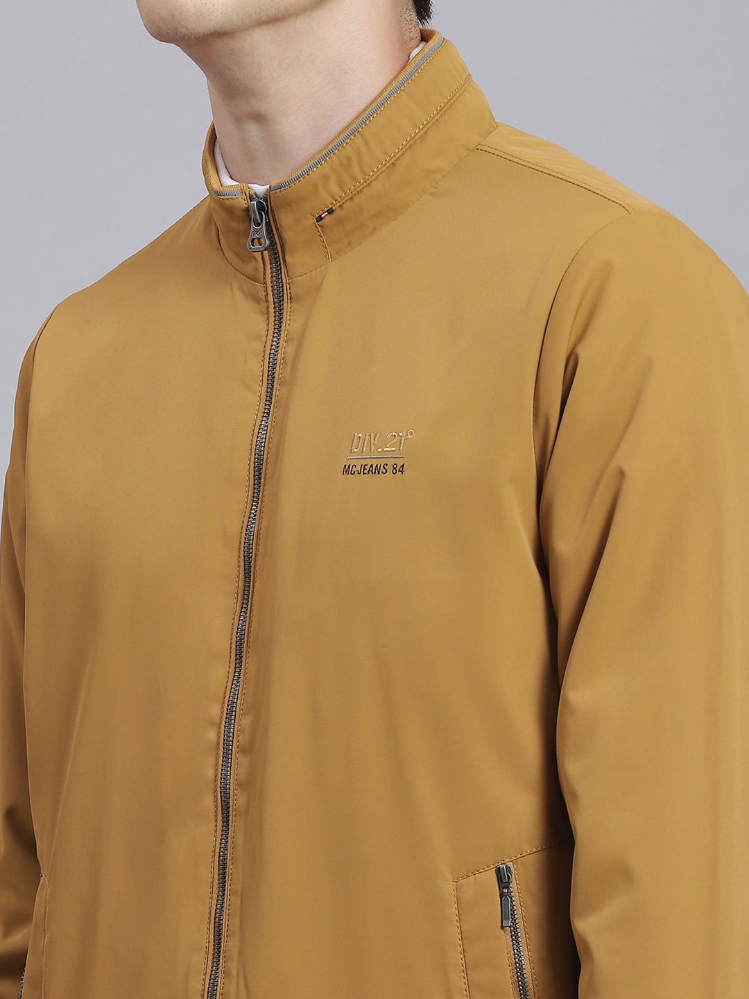 Men Mustard Solid Stand Collar Full Sleeve Jacket