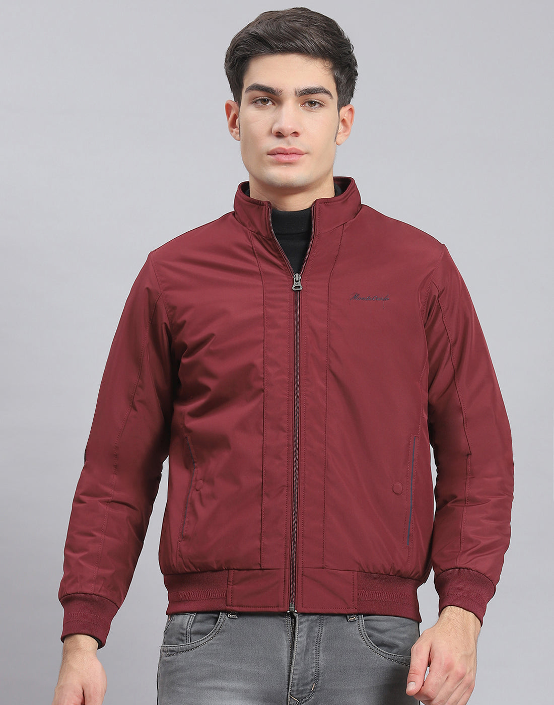 Men Maroon Solid Stand Collar Full Sleeve Jacket