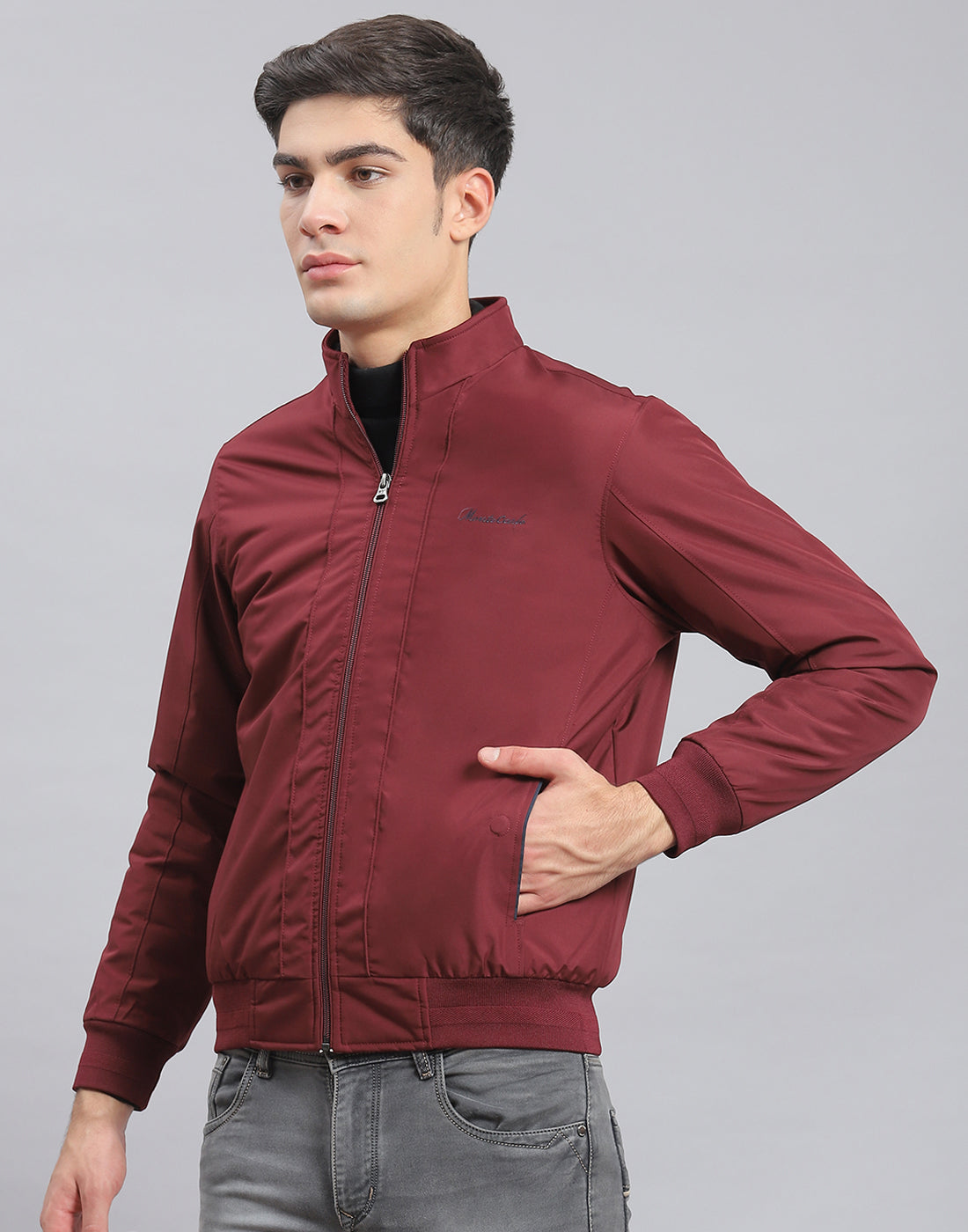 Men Maroon Solid Stand Collar Full Sleeve Jacket