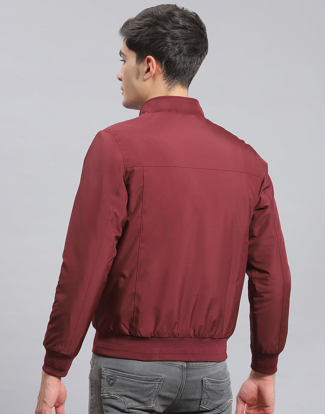 Men Maroon Solid Stand Collar Full Sleeve Jacket