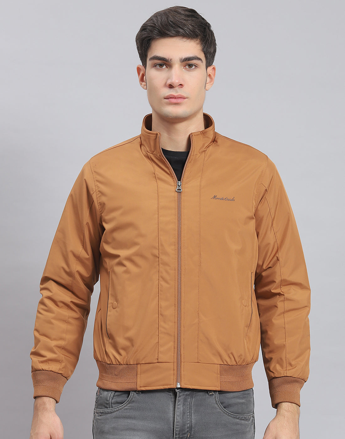 Men Brown Solid Stand Collar Full Sleeve Jacket