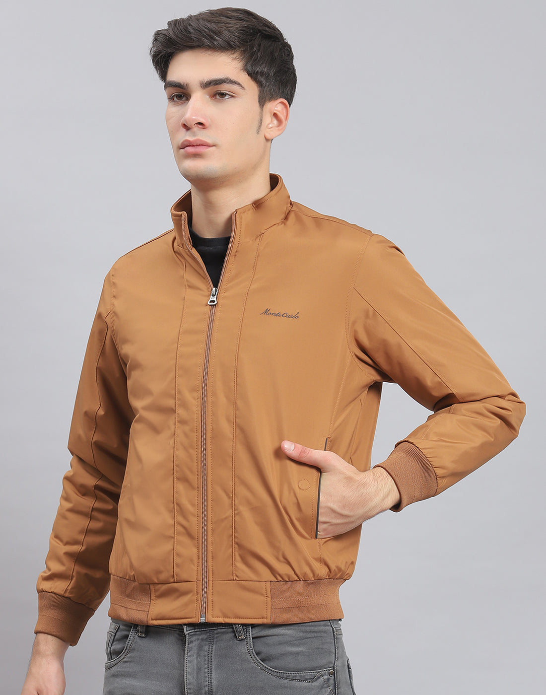 Men Brown Solid Stand Collar Full Sleeve Jacket