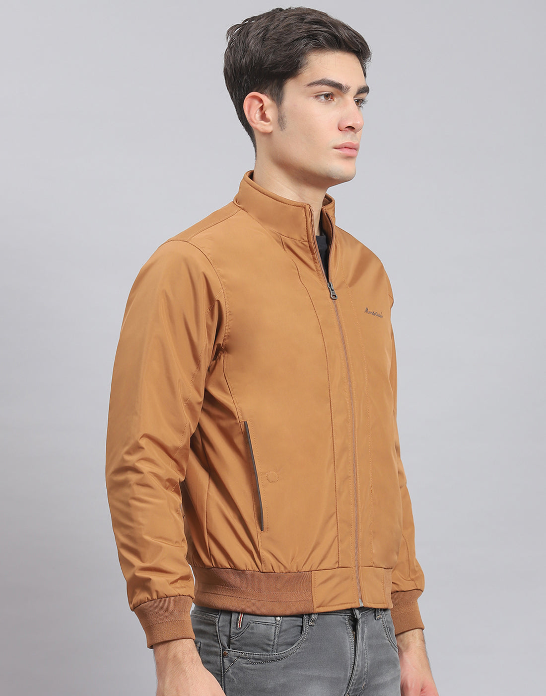 Men Brown Solid Stand Collar Full Sleeve Jacket