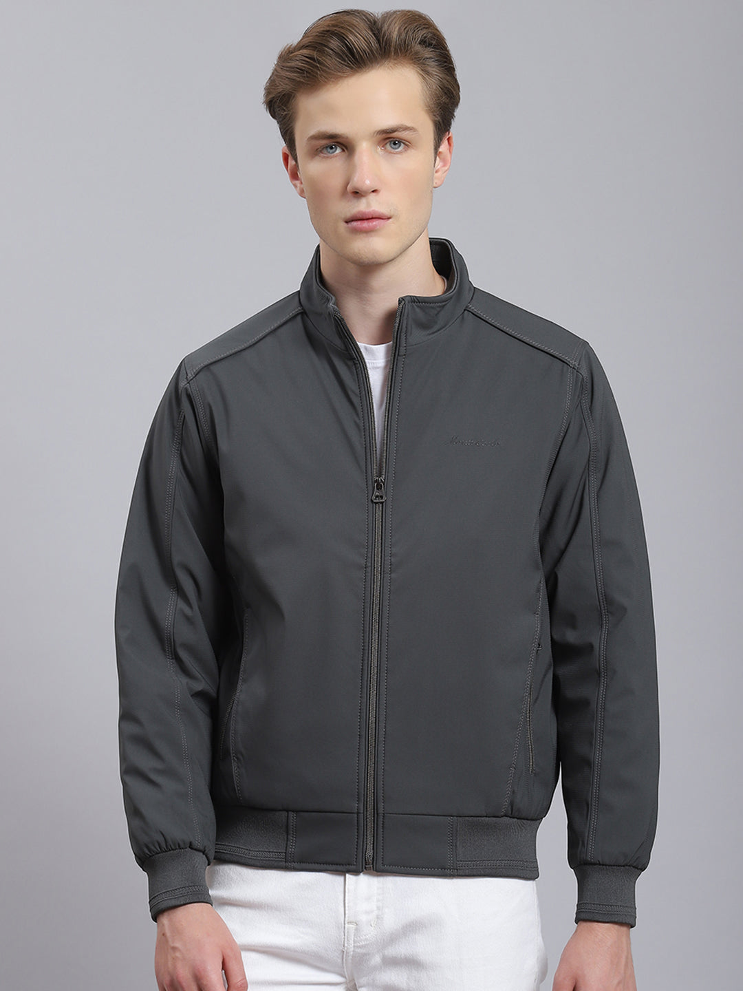 Men Grey Solid Stand Collar Full Sleeve Jacket