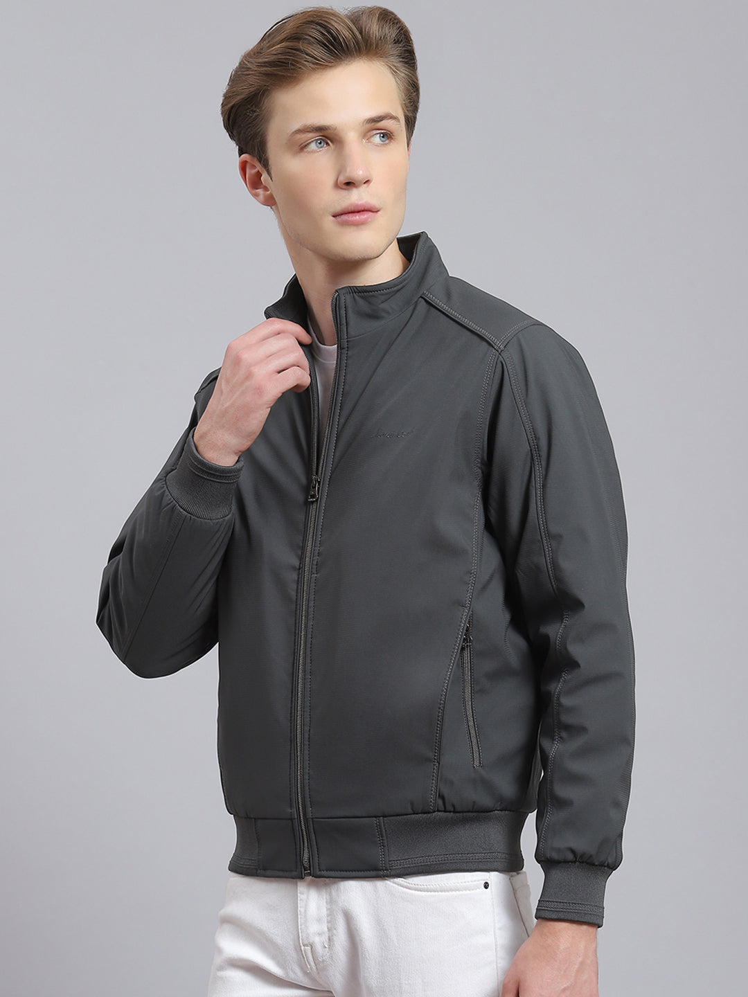 Men Grey Solid Stand Collar Full Sleeve Jacket