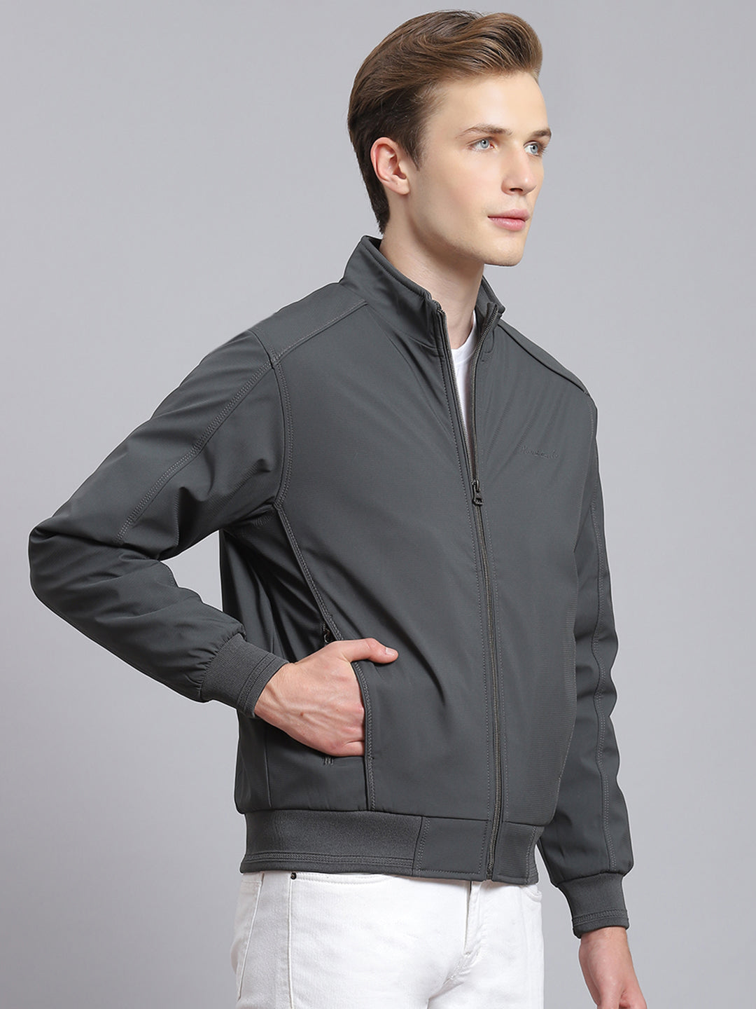 Men Grey Solid Stand Collar Full Sleeve Jacket