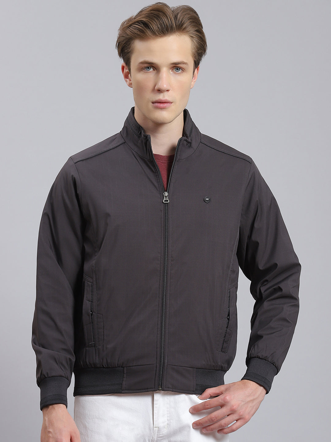 Men Grey Solid Stand Collar Full Sleeve Jacket