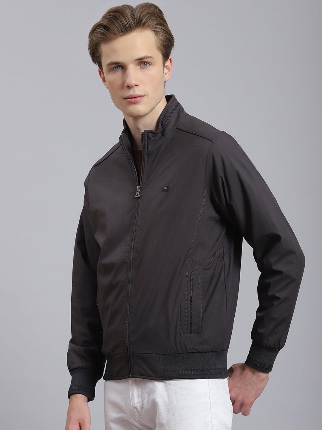 Men Grey Solid Stand Collar Full Sleeve Jacket