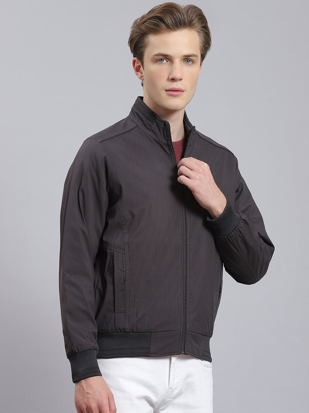 Men Grey Solid Stand Collar Full Sleeve Jacket