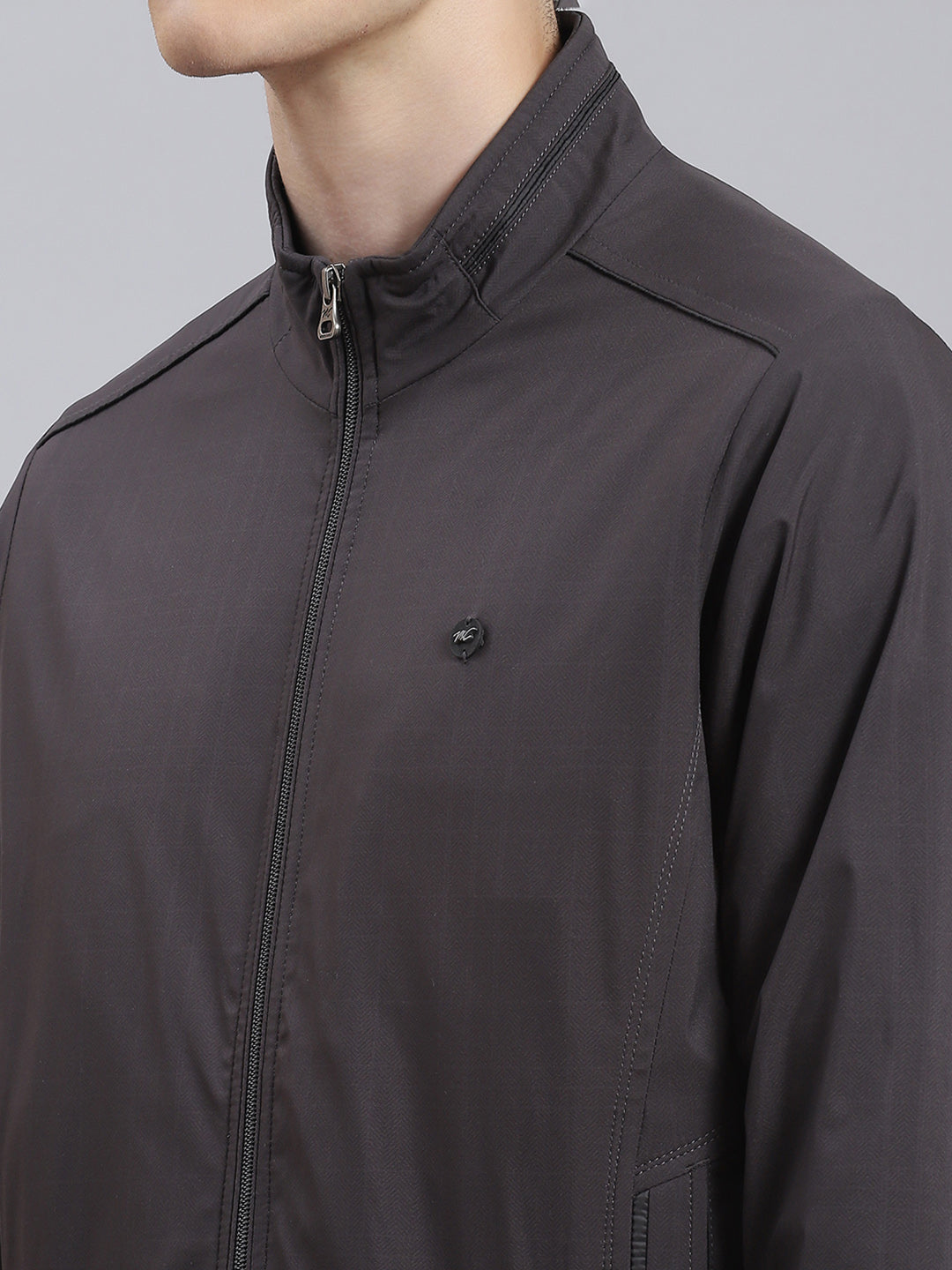 Men Grey Solid Stand Collar Full Sleeve Jacket