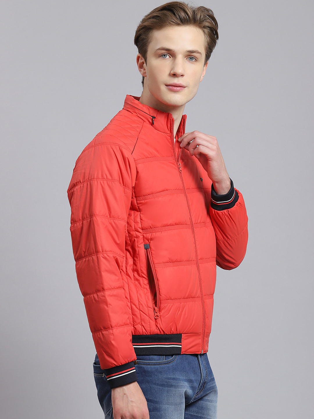 Men Red Solid Stand Collar Full Sleeve Jacket