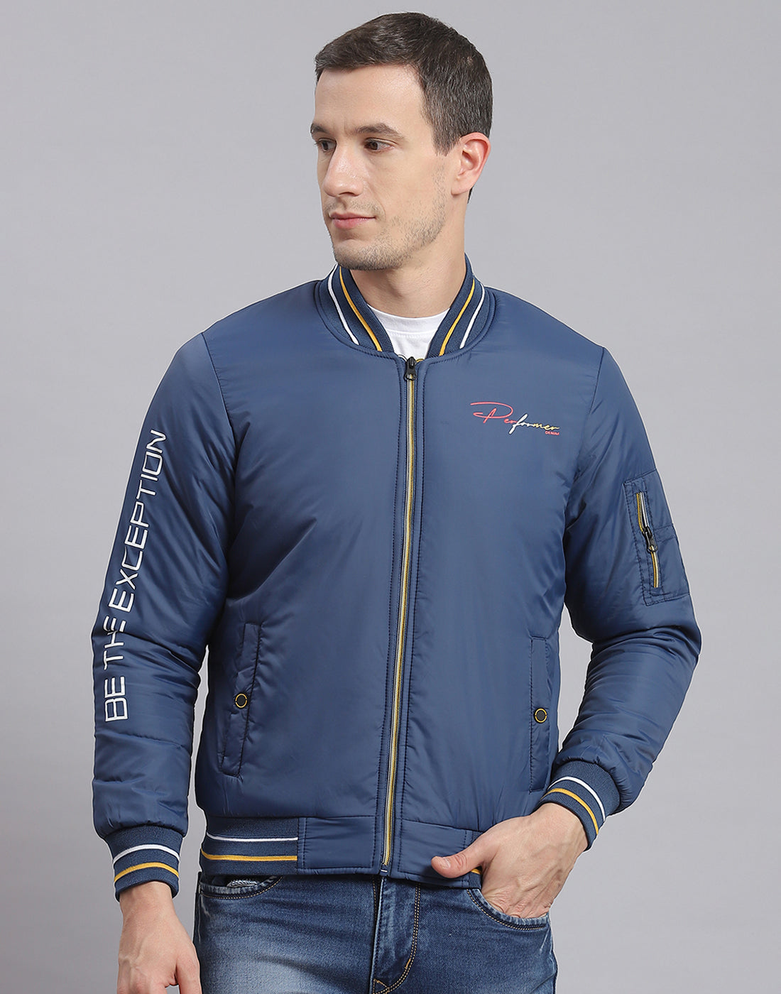 Men Blue Printed Stand Collar Full Sleeve Jacket