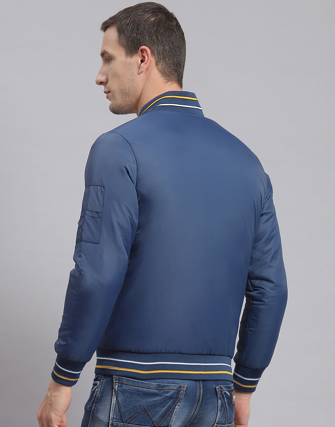 Men Blue Printed Stand Collar Full Sleeve Jacket