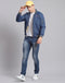 Men Blue Printed Stand Collar Full Sleeve Jacket