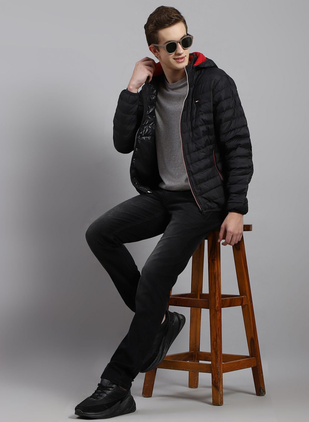 Men Black Solid Polyester Blend Jacket