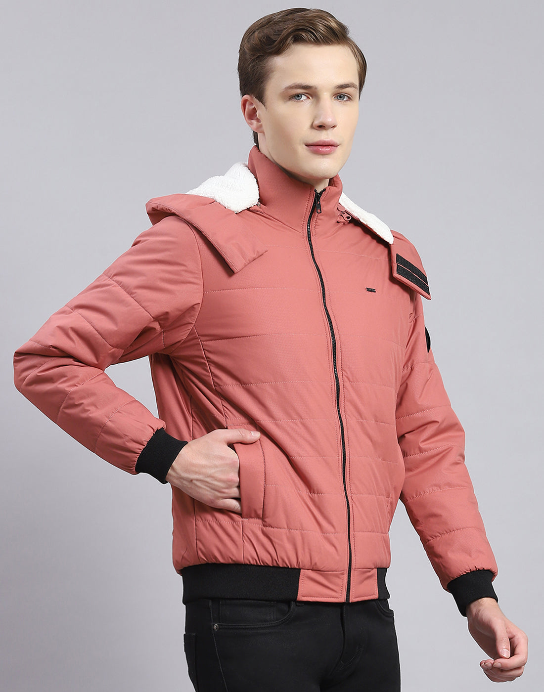 Men Pink Solid Hooded Full Sleeve Jacket