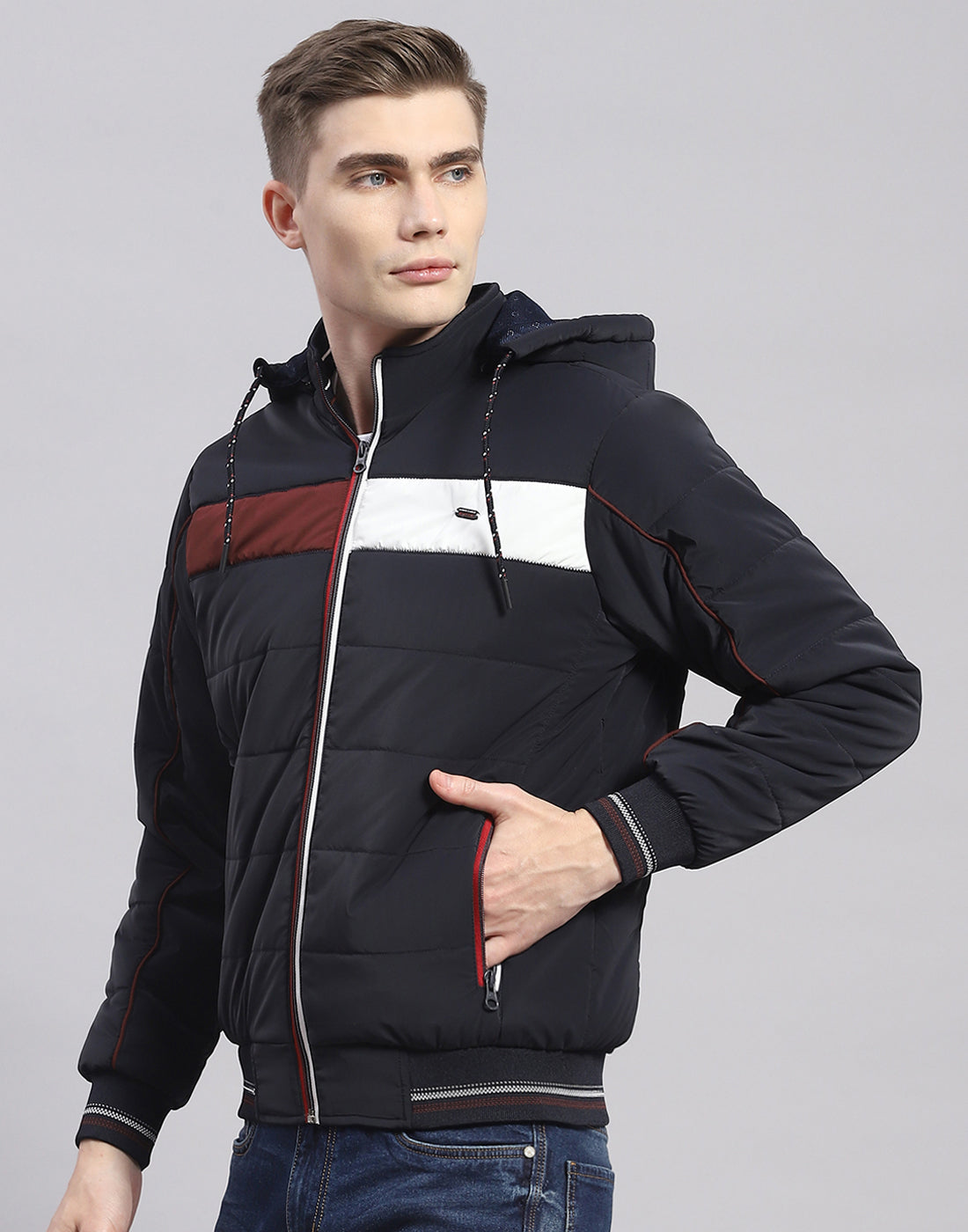 Men Navy Blue Solid Hooded Full Sleeve Jacket