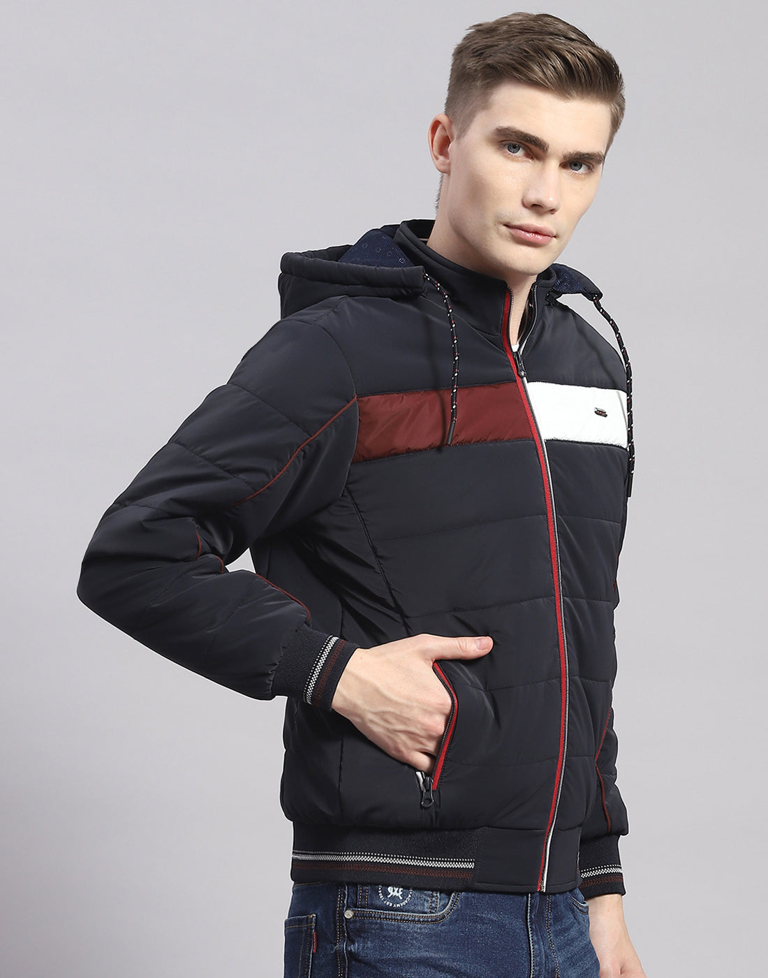 Men Navy Blue Solid Hooded Full Sleeve Jacket