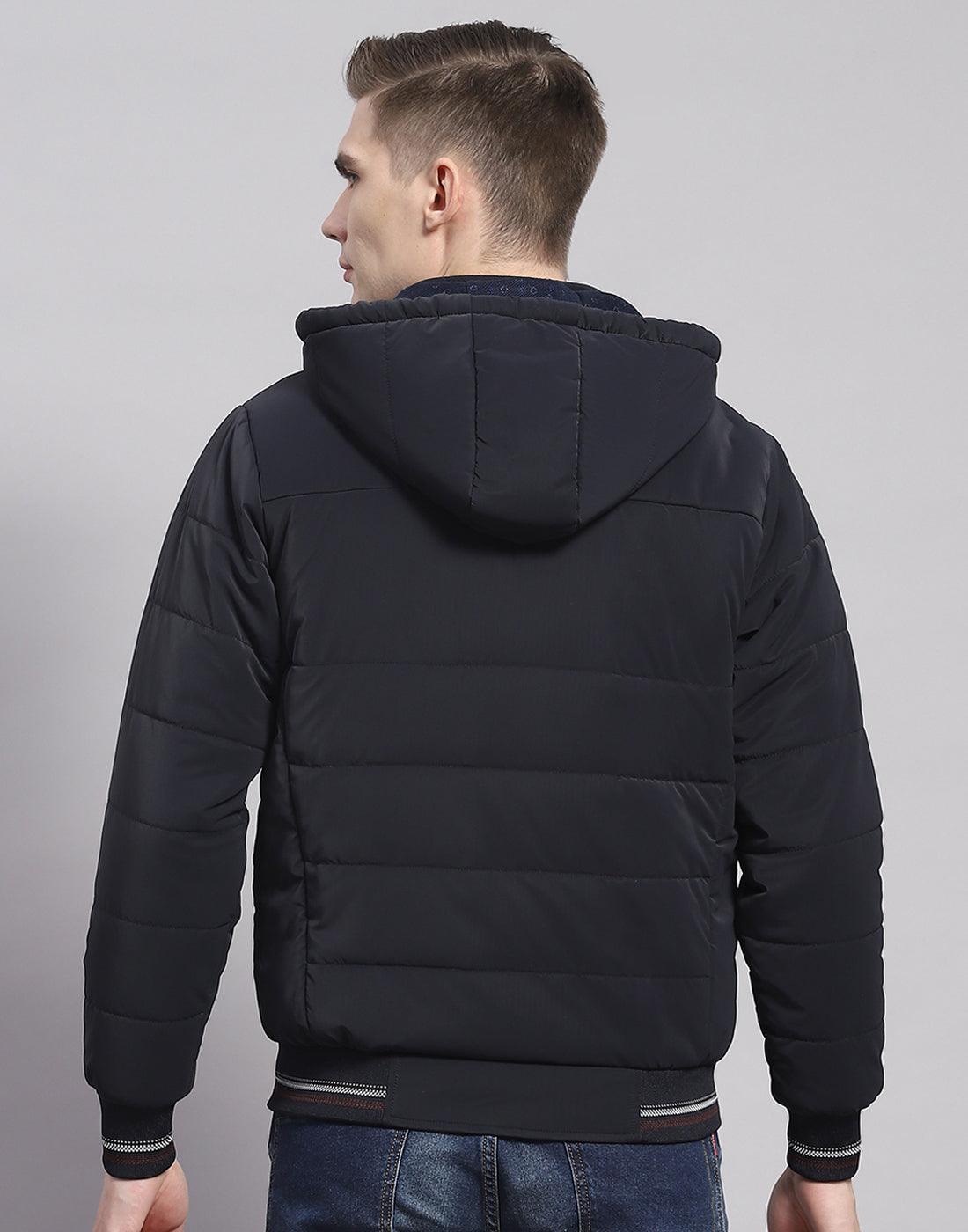 Men Navy Blue Solid Hooded Full Sleeve Jacket