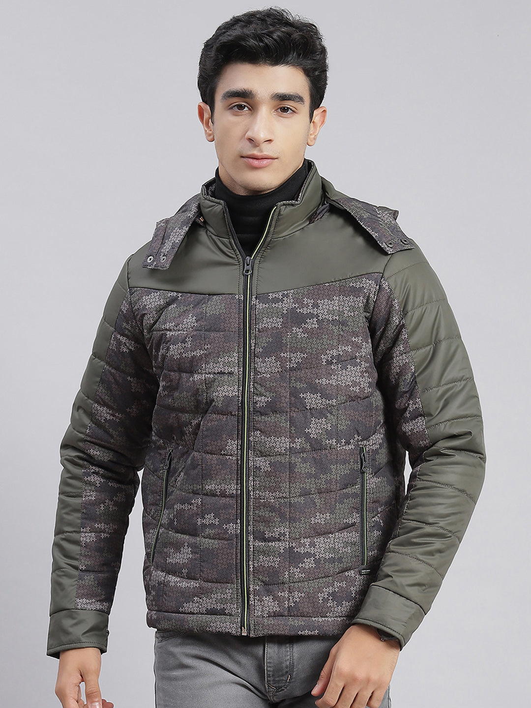 Men Olive Printed Hooded Full Sleeve Jackets