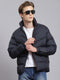 Men Navy Blue Solid Hooded Full Sleeve Jacket