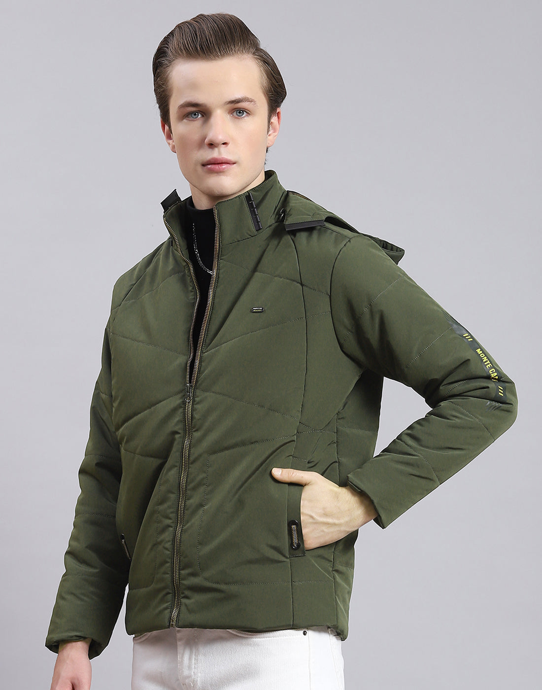 Men Olive Solid Hooded Full Sleeve Jacket